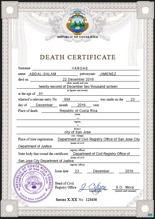 Download Costa Rica death certificate PSD template Photoshop template